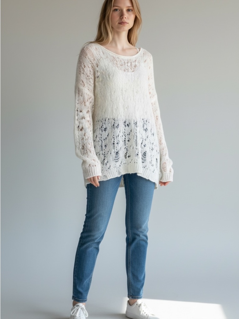 Women's Wild Fable White Open Knit Crew Neck Sweater Size M